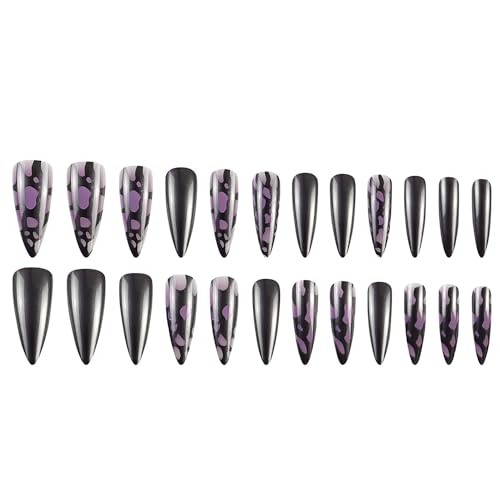 Purple Long Almond Press on Nails with Metallic Silver Line Designs Glossy Acrylic False Nails 24Pcs