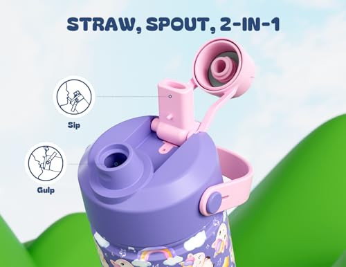 12 oz Insulated Water Bottle for Kids - Unicorn Jam Design, Leakproof Lid, BPA-Free