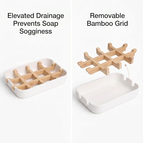 Bamboo Soap Holder with Removable Drainage Rack - White