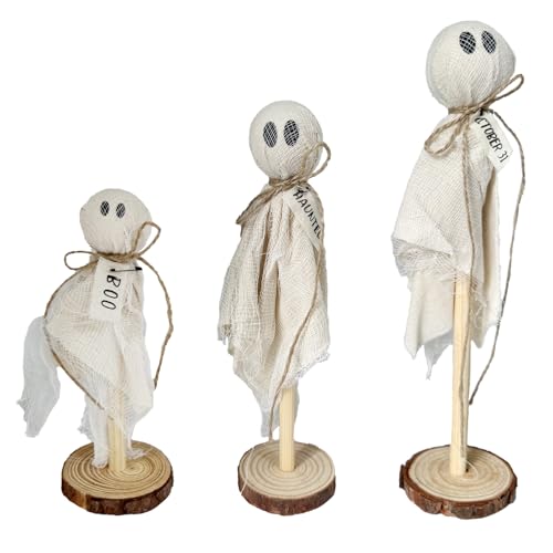 Rustic Wooden Ghost Halloween Decorations 3-Piece Farmhouse Tabletop Sitters