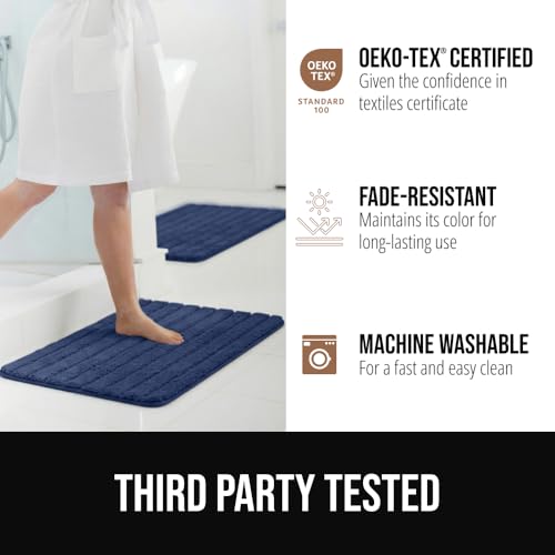 GORILLA GRIP Memory Foam Bath Mat, 24x16 Inch Navy Striped Bathroom Rug