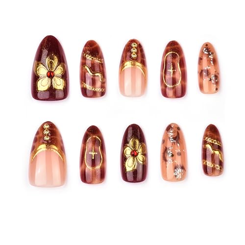 Fall Press on Nails Medium Almond 3D Gold Flower Fake Nails