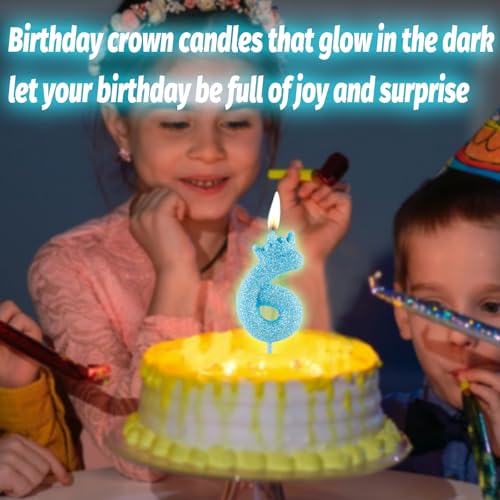Glow in the Dark Number 12 Blue Glitter Crown Birthday Cake Candle