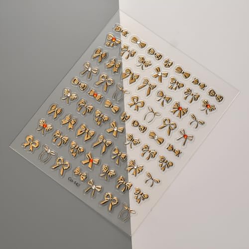 Namrec Gold Bow Nail Stickers 5D Self-Adhesive Rhinestone Decals