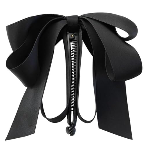 Black Satin Ribbon Bow Hair Claw Clip Vertical Ponytail Banana Barrette