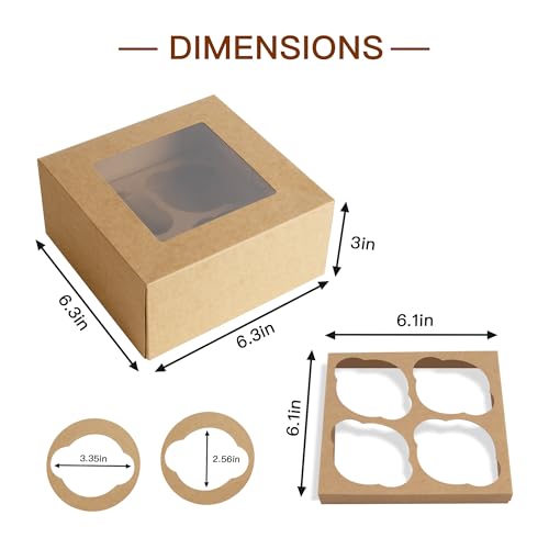 Jotique Kraft Cupcake Boxes with Window, 6-Pack, 6x6x3 Inch