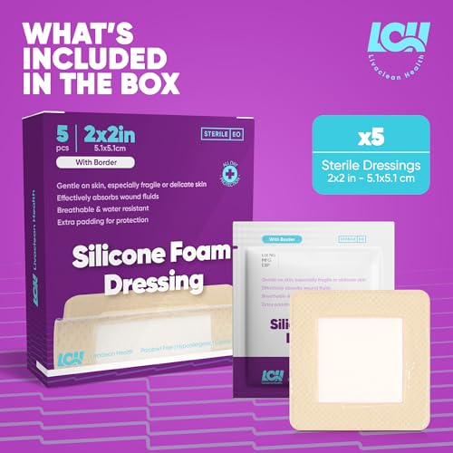 5 CT Silicone Foam Dressing 2x2 - Adhesive Silicone Bandages for Wounds and Pressure Sores - Sterile Square Bandages 2x2 for Injury and Wound Care