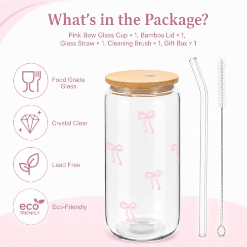 Mikopei Pink Bow Glass Cup with Lid & Straw - 16 oz Iced Coffee Tumbler