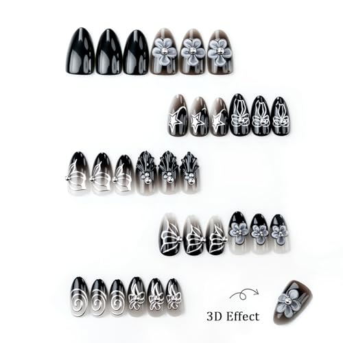 Black French Tip Press On Nails Medium Almond 3D Butterfly False Nails