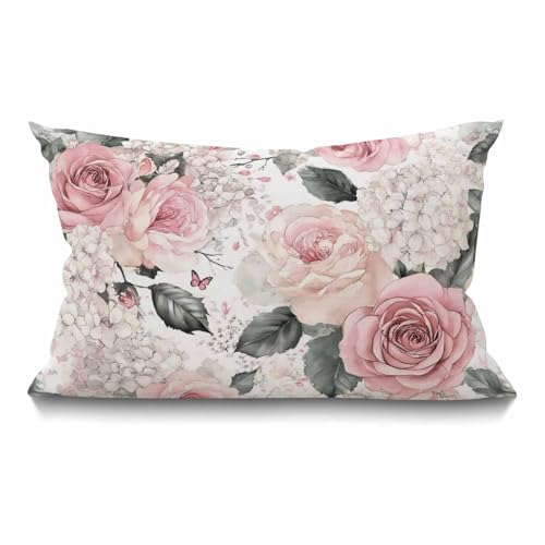 Smooffly Pink Floral Throw Pillow Cover, 12x20" Cotton Linen
