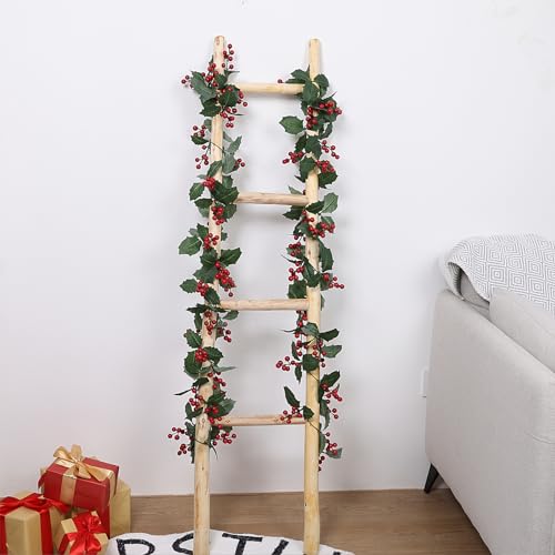 Artificial Christmas Garland with Red Berries and Holly Leaves - 12 Ft, 2 Pack, Holiday Decor