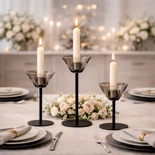 Smoke Gray Glass Candlestick Holders Set of 3 - Modern Minimalist