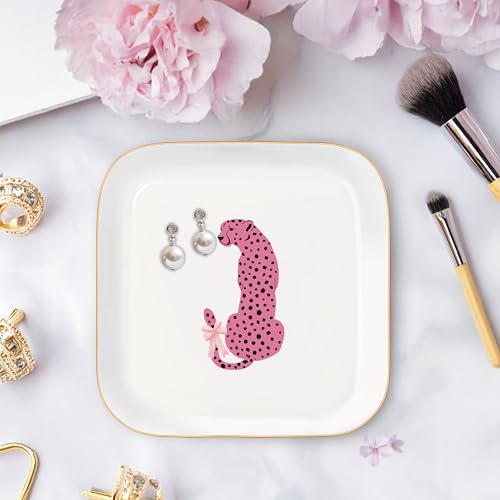 Ceramic Jewelry Dish Tray for Women - Pink Preppy Cheetah Print Ring & Trinket Holder