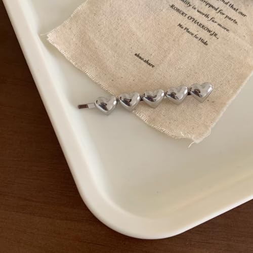 Silver Barrette Hair Clip Set - Metal Bobby Pins with Hearts, 2 Pack
