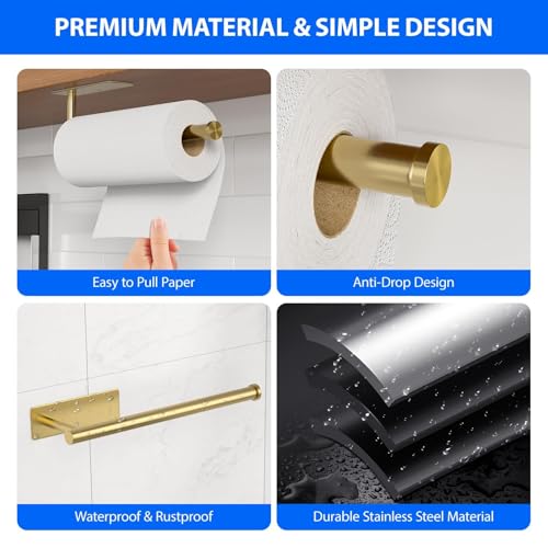 Gold Stainless Steel Paper Towel Holder - Wall-Mounted, No Drilling, 1 Pack