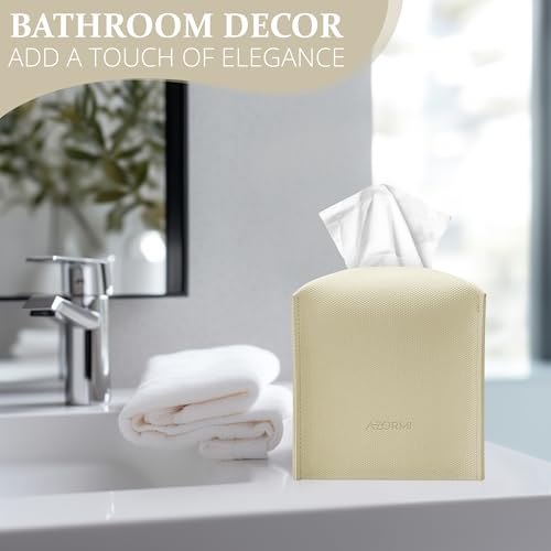 AZORMI Faux Leather Tissue Box Cover with Bottom Belt - Modern Square Design, Wide Opening, Beige