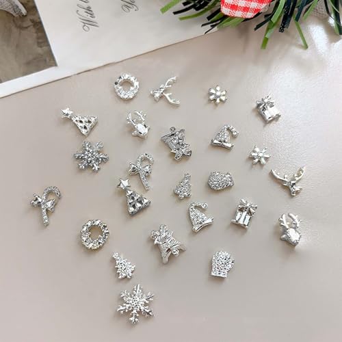 ONPRESS 48Pcs Christmas Nail Charms Silver Alloy Holiday Nail Art Rhinestones
