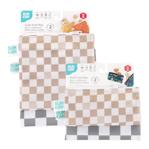 Bumkins - Cloth Snack & Sandwich Bags - For Storage, Travel, Food Prep, Lunch - Reusable, Water Resistant, Washable, Dishwasher Safe - Snack Bags for Kids - Zipper Closure - Check - 4 Pack