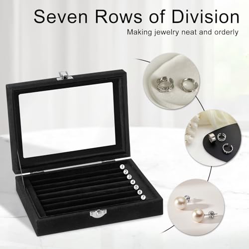 Velvet Jewelry Organizer Box with Glass Lid - 7 Slot Ring and Earring Holder