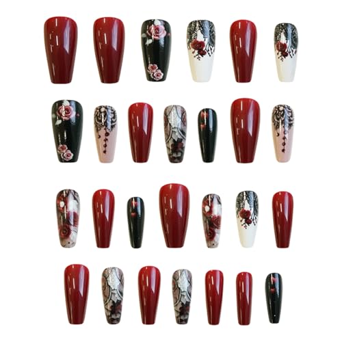 Valentine Press On Nails Medium Square Red Rose Heart Black Lace Acrylic