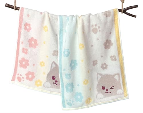 Kissvian 2-Pack Cute Cat Hand Towel Set - Soft Cotton Decorative Washcloths