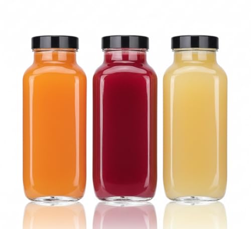 8 oz Glass Juice Bottles with Black Lids - 3 Pack Reusable Storage Jars