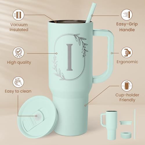 Personalized 40oz Monogrammed Tumbler with Handle - Letter I Insulated Travel Cup for Women & Gift