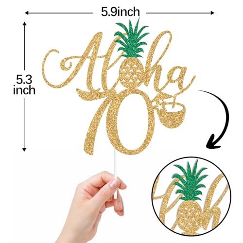 Aloha 70 Cake Topper - Gold Glitter Hawaiian Birthday Decorations
