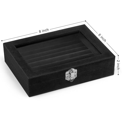 Velvet Jewelry Organizer Box with Glass Lid - 7 Slot Ring and Earring Holder
