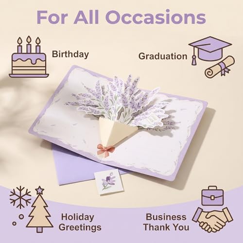 Cifudec Floral Pop-Up Greeting Card, 3D Lavender Flower Bouquet Gift