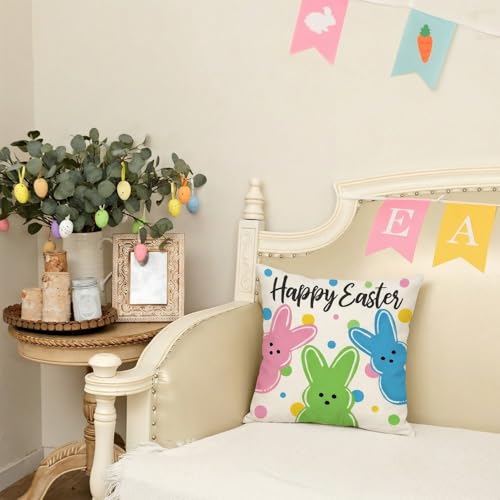 AACORS Easter Pillow Cover 18x18 - Colorful Bunnies & Polka Dots