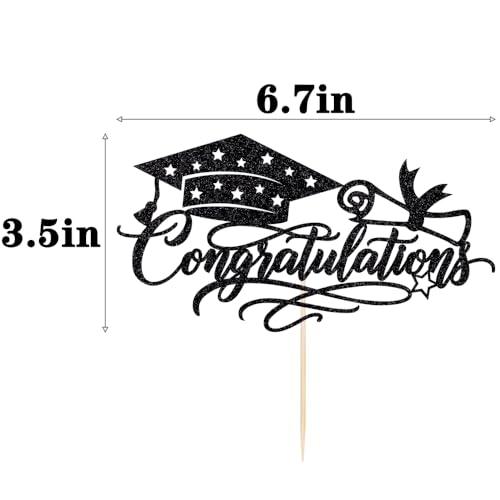 Black Glitter Graduation Cake Topper - Congratulations Cap & Diploma