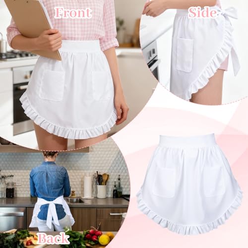White Waist Apron for Women with Pockets - Vintage Frilly Design