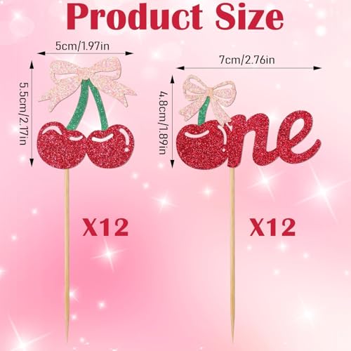 24 Cherry Cupcake Toppers with Bows - Glittery Birthday Party Decor