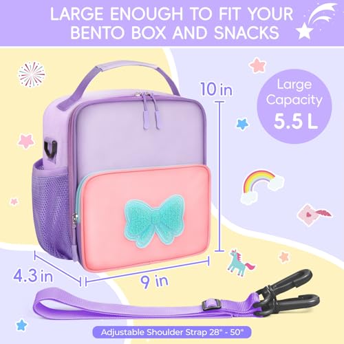 Insulated Kids Lunch Bag with Bow Patch - Pink Purple School Lunch Box