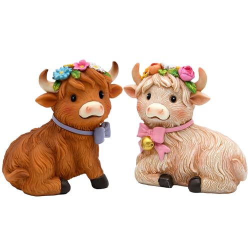 Spring Highland Cow Figurines - Set of 2 Farmhouse Decor