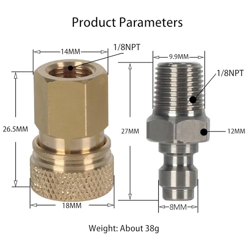 1/8 NPT Female Connector and 8mm Male Plug Fill Nipple Quick-Disconnect Set, Copper - Stainless Steel - Remote Line Male & Female Set for PCP Foster Paintball Airsoft Air Gun Tool