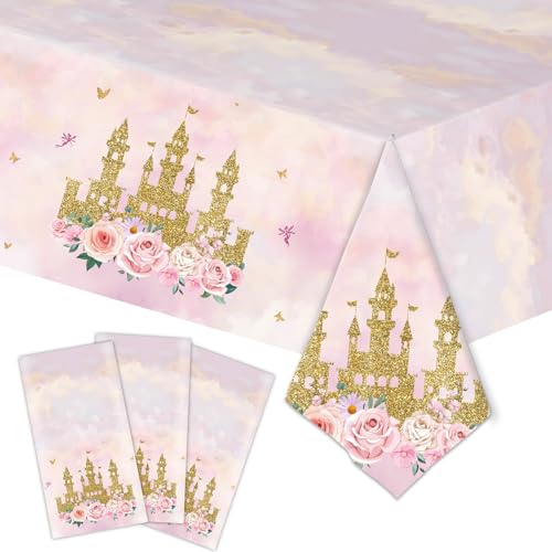 3 Pack Pink Princess Castle Tablecloths - 54x108 Inch Disposable