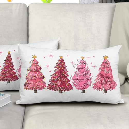 Set of 2 Pink Christmas Tree Lumbar Throw Pillow Covers 12x20