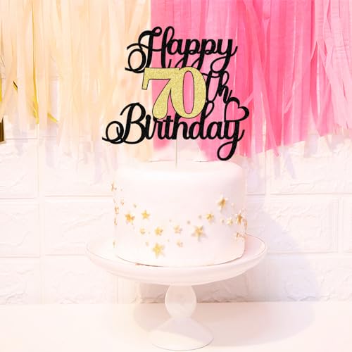 Happy 70th Birthday Cake Topper - Black Gold Glitter Decoration