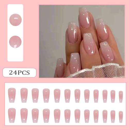 Pink White Ombre Coffin Press on Nails with Glitter - 30 Pcs