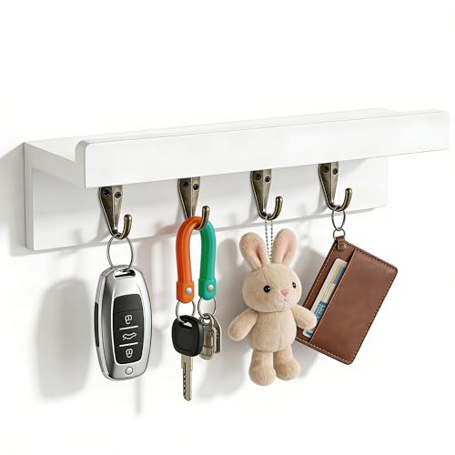 Gulex White Rustic Wooden Key Holder Wall Mount with 4 Hooks — Organize Keys & Mail