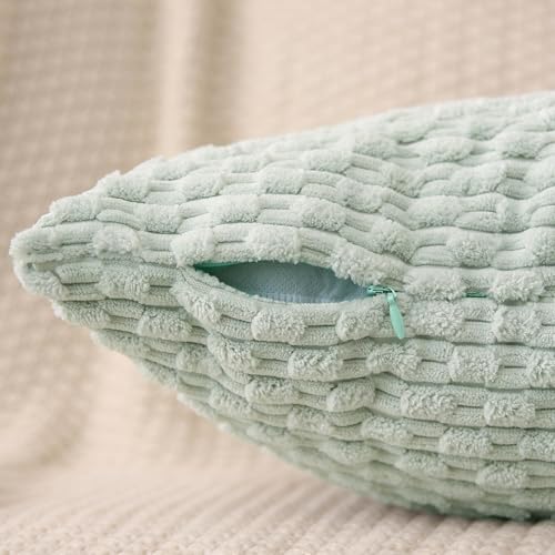 Light Green Corduroy Throw Pillow Covers 18x18 Inch - Set of 2 Striped Cases