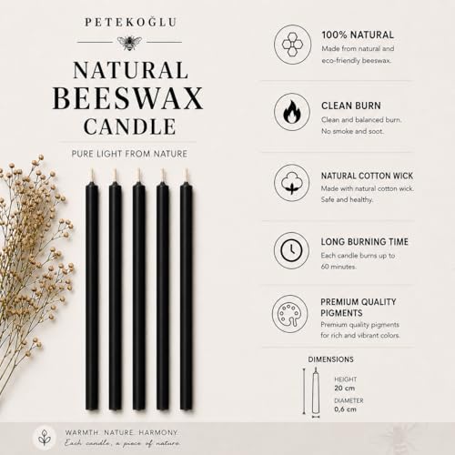 Petekoğlu 15-Pack Beeswax Taper Candles – Handcrafted Black Slim Candles
