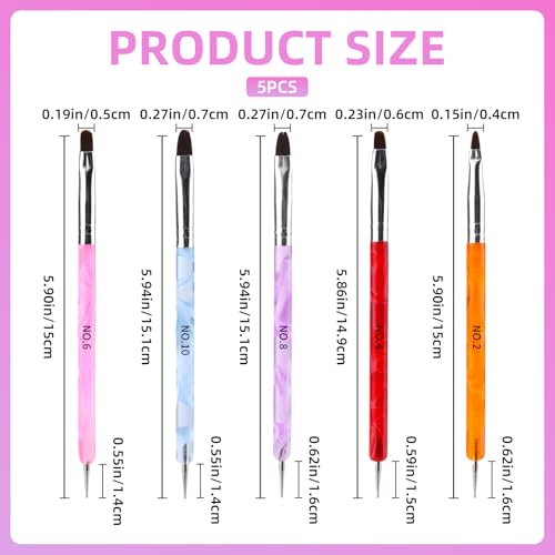 Gallipower 5Pcs Dual-Head Acrylic Nail Art Brush Set with Dotting Tool