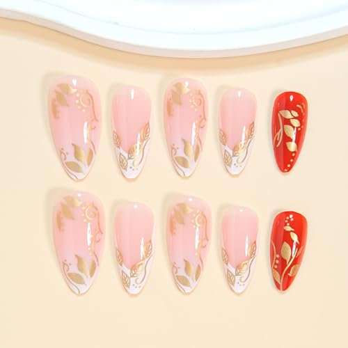 WLGDLH Red & White French Short Almond Press on Nails with Fall Maple Leaf Design - 24 Pcs