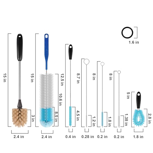 7-Piece Stainless Steel Bottle Brush Set - Long Handle Cleaning Tools, Brown