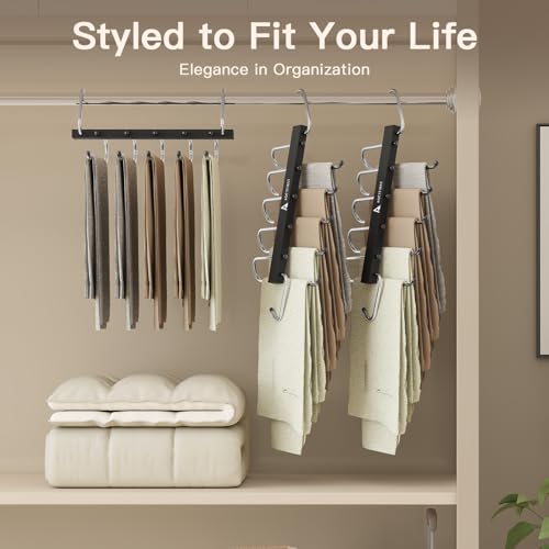 5-Tier Space Saving Pants Hangers - 2 Pack Black Closet Organizer