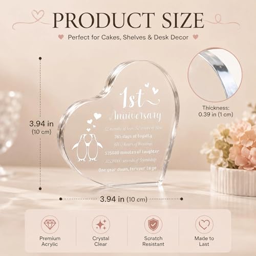 Acrylic Heart Decor with Penguin Couple - 1st Anniversary Keepsake