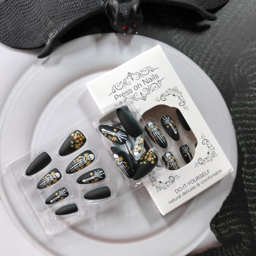 GCSQW Medium Almond Halloween Press on Nails Black Matte Skeleton Fake Nails
